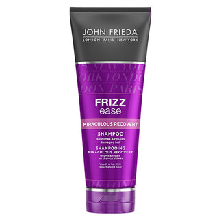 john fried frizz-ease miraculous recovery shampoo 250 ml bottle, close up of john fried frizz-ease shampoo with amino repair complex John Frieda Frizz-Ease Miraculous Recovery Shampoo - 250 ml for Frizzy and Damaged Hair John Frieda Frizz-Ease Recovery Shampoo - 250 ml john-frieda, frizz-ease, shampoo, hair-care, frizzy-hair, damaged-hair, hair-repair, hydration, curly-hair, ai-generated