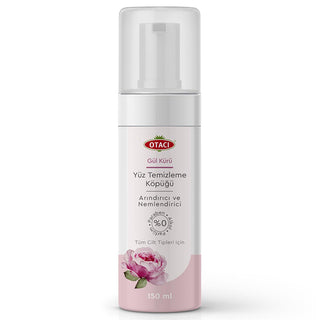 otaci gul kuru face cleanser packaging, otaci gul kürü face cleanser foam being applied, natural ingredients of otaci gul kuru cleanser Otacı Gül Kürü Face Cleanser - Gentle Foaming Cleanser for Sensitive Skin | 150 ml Otacı Gül Kürü Face Cleanser - Gentle Foaming Cleanser facial-cleansers, foaming-cleanser, vegan-skincare, eco-friendly, sensitive-skin, rose-extract, aloe-vera, natural-beauty, otaci-products, ai-generated