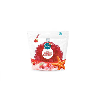 balmy strawberry scented soap bath sponge, close up of balmy soap bath sponge Balmy Strawberry Scented Soap Bath Sponge - Gentle Cleanser for All Skin Types Balmy Strawberry Scented Bath Sponge balmy, strawberry-scented, soap-bath-sponge, bath-sponge, skincare, body-care, luxurious-bath, all-skin-types, daily-usage, ai-generated