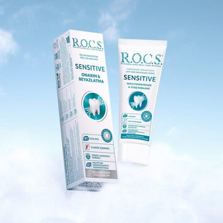 rocs sensitive repair whitening toothpaste, front view of rocs toothpaste tube, back view of rocs sensitive repair toothpaste R.O.C.S. Sensitive Repair & Whitening Toothpaste - 75 ml ROCS Sensitive Repair & Whitening Toothpaste | 75 ml rocs, sensitive-toothpaste, tooth-whitening, oral-care, sensitive-teeth, adult-toothpaste, natural-toothpaste, remineralizing, sensitive-teeth-sufferers, ai-generated