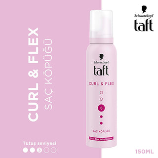 taft-curl-flex-hair-mousse-150ml, taft-curl-flex-mousse-packaging, curly-hair-styled-with-taft-mousse Taft Curl & Flex Hair Mousse - Define & Add Volume | 150 ml Taft Curl & Flex Mousse 150 ml - Define Curls taft, curl-flex, hair-mousse, curly-hair, volume, hold-3, ai-generated, hair-care, hair-styling, mousse