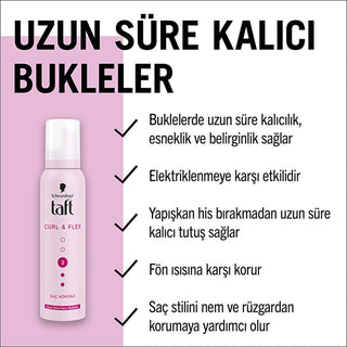 taft-curl-flex-hair-mousse-150ml, taft-curl-flex-mousse-packaging, curly-hair-styled-with-taft-mousse Taft Curl & Flex Hair Mousse - Define & Add Volume | 150 ml Taft Curl & Flex Mousse 150 ml - Define Curls taft, curl-flex, hair-mousse, curly-hair, volume, hold-3, ai-generated, hair-care, hair-styling, mousse