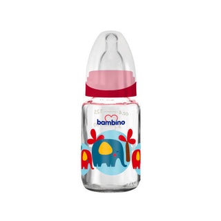Bambino Glass Feeding Bottle 125ml 0+ Months - Red - Elephant Pattern