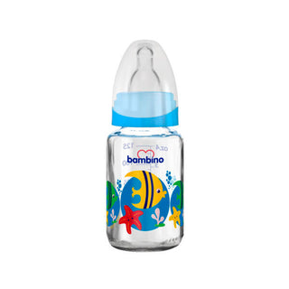 Bambino Glass Baby Bottle 125ml 0+ Month - Blue - Fish Pattern