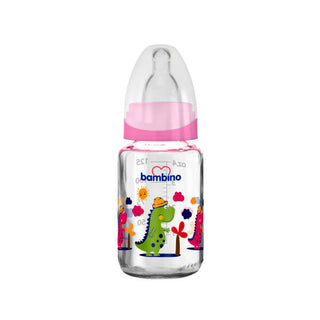 Bambino Glass Feeding Bottle 125ml 0+ Months - Pink - Dinosaur Patterned