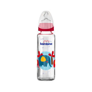 Bambino Glass Baby Bottle Slow Flow 225ml 0+ Months - Red - Elephant Pattern