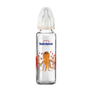 Bambino Glass Baby Bottle Slow Flow 225ml 0+ Months - Cream - Octopus Pattern