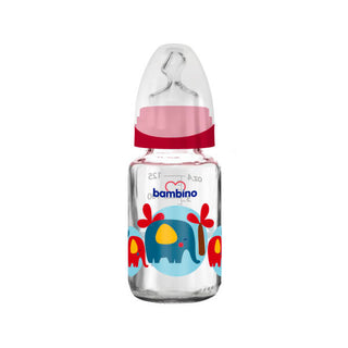 Bambino Glass Baby Bottle Slow Flow 125ml 0+ Months - Red - Elephant Pattern