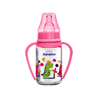 Bambino Cherry Tip Glass Baby Bottle 125ml - Pink - Dinosaur