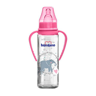 Bambino Glass Feeding Bottle with Handle Cherry Tip 225ml 0+ Months - Pink - Elephant