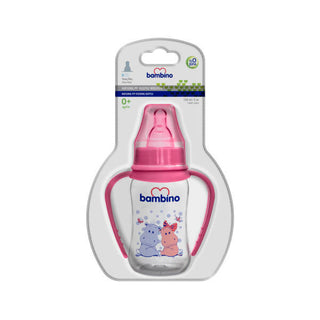 Bambino Natural PP Feeding Bottle with Handle 150ml 0+ Months - Pink - Hippo