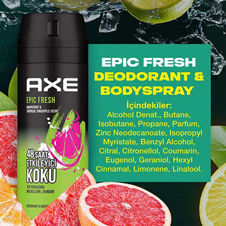 axe epic fresh deodorant and body spray 150ml, axe epic fresh packaging, axe epic fresh grapefruit and pineapple fragrance Axe Epic Fresh Deodorant & Body Spray - 48 Hour Freshness for Men | 5.07 fl oz Axe Epic Fresh Deodorant & Body Spray - 48H Freshness axe, men-deodorant, body-spray, freshness, 48-hour-protection, dual-action, citrus-fragrance, tropical, aromatic, ai-generated