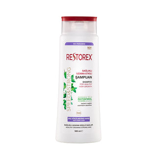 Restorex Hair Growth Shampoo 500 ml bottle, Close up of Restorex Shampoo with natural ingredients, Restorex Shampoo for hair loss prevention Restorex Hair Growth Shampoo - Extra Strength for Hair Loss and Slow Growing Hair | 500 ml Restorex Hair Growth Shampoo 500 ml restorex, hair-growth-shampoo, shampoo-for-hair-loss, healthy-hair-care, natural-ingredients, extra-strength-shampoo, phytosterols, ivy-extract, hair-care-products, ai-generated