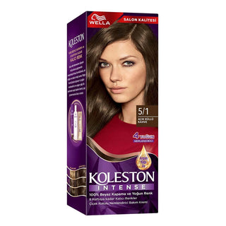 Wella Koleston Intense Hair Color 5/1 Light Ash Brown, Wella hair dye packaging with contents listed Wella Koleston Intense Hair Color - 100% Gray Coverage, 8 Weeks Lasting Color | 5/1 Light Ash Brown Wella Koleston Intense Hair Color 5/1 Light Ash Brown wella, hair-color, light-ash-brown, gray-coverage, beauty, permanent-color, argan-oil, moisturizing, coloring-kit, ai-generated