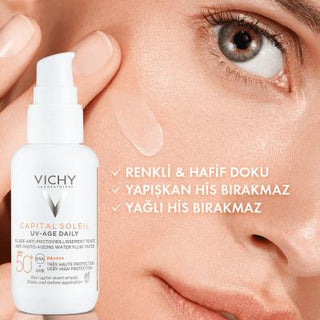 vichy capital soleil spf 50 tinted sunscreen, Vichy UV-Age Daily SPF 50 application Vichy Capital Soleil UV-Age Daily SPF 50+ - Colored Sunscreen | 40 ml Vichy SPF 50+ UV-Age Sunscreen - Hydrating Formula sunscreen, vichy, spf-50, colored-sunscreen, hydrating, uv-protection, anti-aging, sensitive-skin, water-resistant, ai-generated