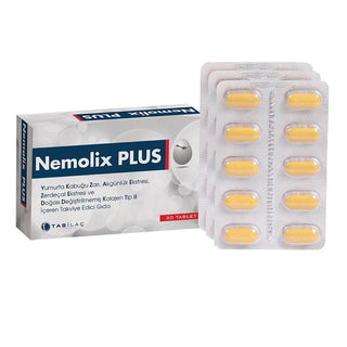 nemolix plus tablet packaging, close up of nemolix plus tablets Eczanecomtr Nemolix Plus - Health Supplement | 30 Tablets Nemolix Plus - Health Supplement | 30 Tablets health-supplement, joint-health, natural-ingredients, collagen, turmeric, boswellia, eggshell-membrane, daily-vitamins, ai-generated, eczanecomtr