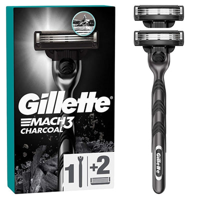 Gillette Mach3 Charcoal Razor Shaving Kit for Men - 3 Steel Blades, Microfine Protectors, Smooth Shave