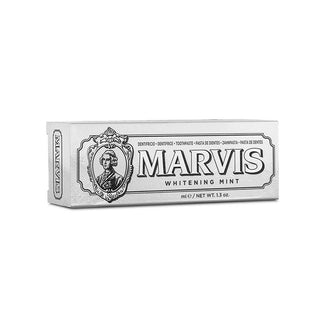 marvis whitening toothpaste cold mint 85 ml, front view of marvis whitening toothpaste, close up of marvis whitening toothpaste Marvis Whitening Toothpaste - Cold Mint | 85 ml Marvis Whitening Toothpaste - Cold Mint | 85 ml marvis, whitening-toothpaste, cold-mint, adults, dental-care, mint-flavor, fluoride-toothpaste, oral-hygiene, fresh-breath, ai-generated