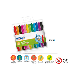 Jumbo Felt Tip Markers - PVC Zipper Case - 12 Colors | Gıpta