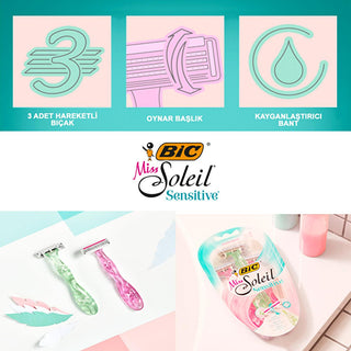 Bic Women's Razor - Miss Soleil Sensitive 3-Blade Shaving System for Smooth Skin Bic Women's Razor for Smooth Shaving Women's Razor, Sensitive Skin Razor, Lubricating Strip Razor, Ergonomic Handle Razor, Aloe Vera and Vitamin E Razor, Smooth Shaving, Women's Grooming, Personal Care, Shaving Essentials, Bic Miss Soleil