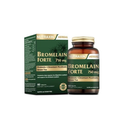 Nutraxin Bromelain Forte 60 Tablets - Digestive Health Supplement with Bromelain, Probiotics & Green Tea Extract