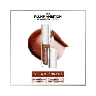 L'Oréal Paris Plump Ambition Hyaluron Lip Oil - 510 La Nuit Sparkle: Non-Sticky Hydrating Lip Oil with Hyaluronic Acid L'Oréal Paris Hyaluron Lip Oil - Hydrating & Non-Sticky L'Oréal Paris Plump Ambition Hyaluron Lip Oil, Hyaluronic Acid Lip Care, Non-Sticky Lip Oil, Red Lip Oil for Hydration and Shine, Lip Care for Dry Lips, Lip Oil, Hydrating Lip Care, Cosmetic Lip Products, Lip Plumping, Healthy Lip Care, Beauty Essentials, Lip Care Routine, Moisturizing Lip Products