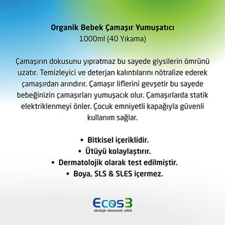 ecos3 organic baby laundry softener 1000 ml, eco-friendly baby laundry softener bottle Ecos3 Organic Baby Laundry Softener - Extra Concentrated 40 Washes | 33.8 fl oz Ecos3 Organic Baby Laundry Softener 1000 ml ecos3, baby-laundry-softener, organic, vegan, eco-friendly, concentrated, family-friendly, softener, biodegradable, ai-generated
