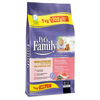 pets-family-salmon-spayed-adult-cat-food-package, cats-eating-pets-family-salmon-food, nutritional-analysis-of-pets-family-salmon-cat-food Pet's Family Salmon Spayed Adult Cat Food - 1000g + 300g Pet's Family Salmon Cat Food - Spayed Formula 1000g + 300g pets-family, cat-food, salmon, spayed-cat, adult-cat-food, high-protein, cat-nutrition, dry-cat-food, ai-generated, healthy-cats