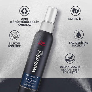 wella wellaflex men full boost gel spray, wella strong hold hair gel for men, vegan men hair styling gel with strong hold Wella Wellaflex Men Full Boost Gel Spray - Achieve Thicker Hair & Strong Hold | 150 ml Wella Wellaflex Men Full Boost Gel Spray - Strong Hold 150 ml wella, men-hair-care, hair-gel, strong-hold-gel, vegan-products, hair-styling, thicker-hair, full-boost, grooming, ai-generated