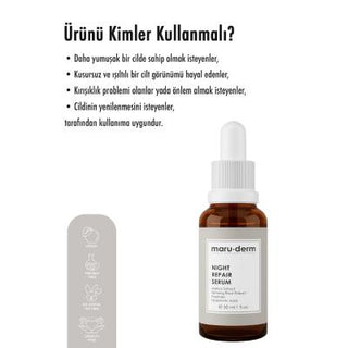 maruderm night repair serum 30 ml bottle, close-up of maruderm night repair serum application, maruderm night repair serum displayed with ingredients Maruderm Night Repair Serum - Skin Renewal Formula | 30 ml Maruderm Night Repair Serum - Skin Renewal Formula | 30 ml maruderm, night-repair-serum, skin-renewal, skincare, anti-aging, moisturizing, hyaluronic-acid, retinol, vitamin-e, ai-generated