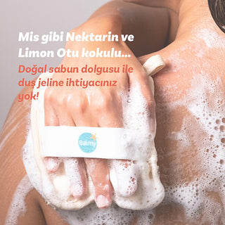 Balmy Nektari Soap-Filled Loofah Bath Sponge: Natural Exfoliating Loofah with Nectarine & Lemongrass - Deep Cleansing, Skin Renewal Balmy Nektari Soap Loofah: Exfoliating Bath Sponge - Natural Cleanse bath loofah, soap filled loofah, natural exfoliating loofah, nectarine lemongrass soap, natural bath soap, exfoliating bath sponge, deep cleansing loofah, Balmy Nektari, bath scrubber, skin renewal, bath sponge, exfoliating sponge, natural soap, loofah, body scrub, shower, cleansing, exfoliation, skincare, per