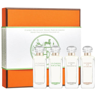 Hermès Mini Jardin Fragrance Discovery Set - Luxury Gift Set with 4 Eau de Toilette Miniatures Hermès Mini Jardin Fragrance Set - Luxury Gift Hermès fragrance set, Miniature perfume collection, Luxury gift set, Eau de toilette discovery set, Un Jardin à Cythère, Un Jardin sur la Lagune, Le Jardin de Monsieur Li, Un Jardin sur le Nil, perfume gift set, fragrance sampler, high-end fragrances, travel perfumes, Hermès gift, luxury fragrances