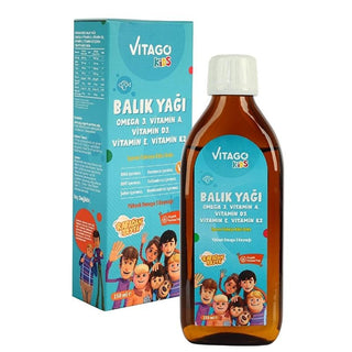 Vitago Kids Omega-3 Fish Oil Syrup with Vitamins A, D3, E, K2 - Delicious Orange Flavor for Brain Development & Immunity - 150ml Vitago Kids Omega-3: Brain & Immunity Support with Vitamins kids omega 3, fish oil for children, vitamin D3 for kids, vitamin A for children, vitamin k2 for kids, omega 3 syrup, fish oil with orange flavor, children's multivitamins, brain development supplements, immunity support for kids, Omega-3, fish oil, vitamin D, vitamin A, vitamin K, syrup, children's health, brain developm