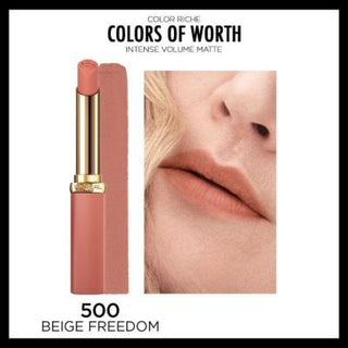 Loreal Paris Color Riche Intense Volume Matte Lipstick - 500 Beige Freedom - Long Lasting, Hyaluronic Acid for Fuller Lips Loreal Paris Matte Lipstick - Volumizing, Long Lasting Color Loreal lipstick, matte lipstick, hyaluronic acid lipstick, long lasting lipstick, volumizing lipstick, beige lipstick, Color Riche lipstick, matte lip color, fuller lips lipstick, 500 Beige Freedom, lipstick, lip color, makeup, cosmetics, long-wearing, volumizing, hydrating, plumping, beige, nude lipstick, everyday lipstick, s