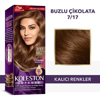 Wella Koleston Intense hair color 7-17 icy chocolate packaging, Application process of Wella Koleston hair dye, Contents of Wella Koleston Intense hair color kit Wella Koleston Intense Hair Color 7/17 Icy Chocolate - 100% Gray Coverage, Moisturizing Formula | 1.7 fl oz Wella Koleston Intense Hair Color 7/17 Icy Chocolate wella-koleston-intense, hair-color, permanent-dye, hair-care, gray-coverage, teenagers, adults, argan-oil, hair-care-products, ai-generated