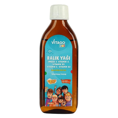 Vitago Kids Omega-3 Fish Oil Syrup with Vitamins A, D3, E, K2 - Delicious Orange Flavor for Brain Development & Immunity