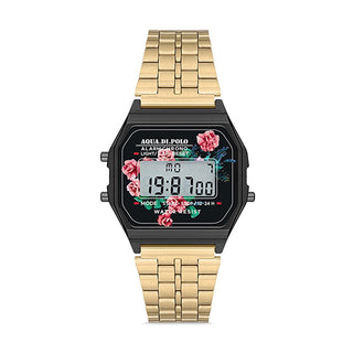 Aqua di Polo 1987 Gold Retro Floral Digital Watch - Unisex Vintage Style with Alarm & Stopwatch - Stylish Timepiece Aqua di Polo Gold Retro Digital Watch - Vintage Style Timepiece digital watch, retro watch, gold watch, floral watch, unisex digital watch, vintage style watch, gold-colored digital watch, digital watch with alarm, digital watch with stopwatch, stylish digital watch, retro style, vintage watch, gold tone, metal band, alarm, stopwatch, calendar, unisex watch, fashion watch, accessory, timepiece