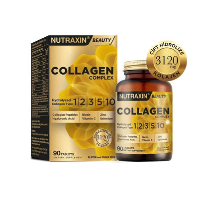 Nutraxin Beauty Collagen Complex 90 Tablets - Hydrolyzed Collagen Supplement with Hyaluronic Acid & Vitamin C for Skin, 