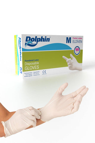 dolphin powdered latex gloves medium package, dolphin medium latex gloves front view, dolphin powdered latex gloves details Dolphin Powdered Latex Gloves - Medium, 100 Count, Perfect for Workers and Hygienists Dolphin Powdered Latex Gloves - Medium, 100 Count dolphin, latex-gloves, powdered-gloves, medium-size, 100-count, hygiene, worker-safety, medical-use, food-preparation, ai-generated
