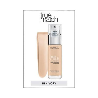 Loreal Paris True Match Foundation: 1N Ivory - Hyaluronic Acid & Vitamin E, Lightweight, Natural Look, SPF 17, Skin Tone Evener Loreal True Match Foundation - Ivory, Hydrating, SPF 17 Loreal True Match Foundation, Ivory Foundation, Hyaluronic Acid Foundation, Vitamin E Foundation, Lightweight Foundation, SPF 17 Foundation, Natural Look Foundation, 30 ml Foundation, Skin Tone Evener, Best Light Foundation, foundation, makeup, cosmetics, face makeup, hyaluronic acid, vitamin e, SPF, lightweight, natural look,