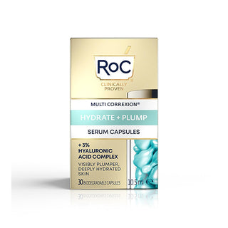 roc multi correxion serum capsules packaging, roc serum capsules opened with product inside, roc multi correxion serum capsules on a bathroom counter RoC Multi Correxion Hydrate + Plump Serum Capsules - 30 pcs RoC Multi Correxion Serum Capsules - Hydrate & Plump roc, multi-correxion, serum-capsules, hydrate, plump, anti-aging, skincare, moisturizer, hyaluronic-acid, ai-generated