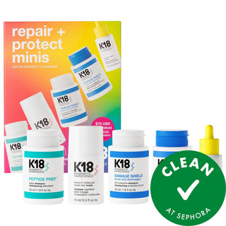 K18 Repair + Protect Minis Kit: Biotech Hair Repair for Damaged Hair, Split Ends & Heat/UV Protection - Cruelty-Free Hair Care K18 Repair Kit: Fix Damaged Hair, Split Ends, Heat & UV Protection hair repair kit, damaged hair treatment, split ends treatment, heat protection hair, UV protection hair, k18 peptide repair, color safe hair repair, frizz control hair, biotech hair products, cruelty-free hair care, hair repair, damaged hair, split ends, heat protection, UV protection, k18 peptide, color safe, frizz 