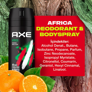 Axe Africa Deodorant Spray: Long-Lasting Vanilla Mandarin Scent For Men - 150ml Axe Africa Deodorant: Vanilla Mandarin Scent For Men Axe Africa Deodorant, Men's Deodorant Spray, Vanilla Mandarin Deodorant, Long Lasting Deodorant, Body Odor Protection, Axe Africa 150ml, Axe Deodorant for men, best smelling deodorant for men, deodorant, body spray, men's grooming, fragrance, vanilla scent, mandarin scent, odor control, 48-hour protection, spray deodorant, personal care, Axe deodorant, gifts for him, daily use