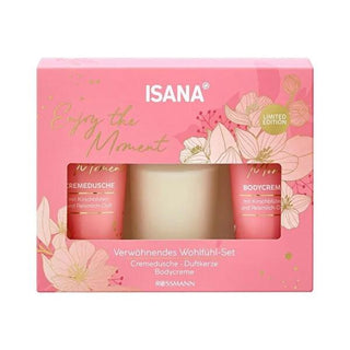 Isana Enjoy The Moment Gift Set: Cherry Blossom Body Cream, Rice Milk Shower Gel & Scented Candle - Vegan Body Care for Self-Care & Relaxation Isana Gift Set: Cherry Blossom Body Cream, Shower Gel & Candle bath and body gift set, cherry blossom body cream, rice milk shower gel, scented candle gift, vegan body care set, fragrant body lotion, Isana gift set, self-care gift set, aromatherapy candle, Enjoy The Moment set, body cream, shower gel, candle, cherry blossom, rice milk, vegan, dermatologically tested,