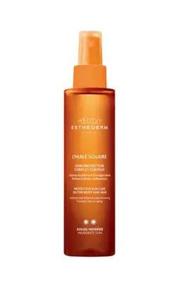 institut esthederm sun oil bottle, in-use application of sun oil, close up of sun oil texture Institut Esthederm Sun Oil - Moderate Sun Protection | 150 ml Institut Esthederm Sun Oil - Moderate Sun Protection institut-esthederm, sun-oil, sun-protection, moisturizing-oil, dry-skin, bronzing-oil, outdoor-activities, skincare, ai-generated, sunbathers