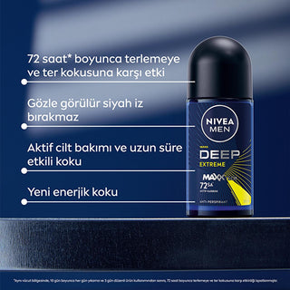 Nivea Men Deep Extreme Roll-on Deodorant for Active Men - Long Lasting Anti-Perspirant Protection, 72 Hours Sweat Control, Active Carbon Formula Nivea Men Deep Extreme Deodorant - 72 Hour Protection Nivea Men Deodorant, Roll-on Deodorant for Men, Long-lasting Anti-perspirant, Active Carbon Deodorant, Dermatologically Tested Deodorant, Men's Grooming, Personal Care, Anti-perspirant Deodorant, Sweat Control, Odor Protection, Active Lifestyle, Sports Deodorant, Sensitive Skin Friendly