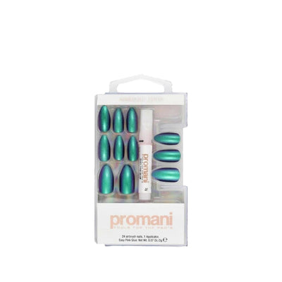 Promani Neon Petrol False Nail Kit: Trendy Artificial Press On Nails for DIY Nail Art | Vibrant Colors & Iridescent Shin