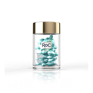 roc multi correxion serum capsules packaging, roc serum capsules opened with product inside, roc multi correxion serum capsules on a bathroom counter RoC Multi Correxion Hydrate + Plump Serum Capsules - 30 pcs RoC Multi Correxion Serum Capsules - Hydrate & Plump roc, multi-correxion, serum-capsules, hydrate, plump, anti-aging, skincare, moisturizer, hyaluronic-acid, ai-generated