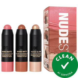 Sunkissed Skin Trio: Mini Bronzer Blush Highlighter Set for Radiant, No-Makeup Look | Clean, Creamy & Portable Sunkissed Skin Trio: Bronzer Blush Highlighter Set | No-Makeup Look sunkissed skin trio, bronzer blush highlighter set, creamy makeup set, mini makeup set, no makeup makeup look, clean beauty set, paraben free makeup, phthalate free makeup, sulfate free makeup, Nudies bronzer blush highlighter, bronzer, blush, highlighter, makeup set, mini size, portable, travel size, cream formula, blendable, radi