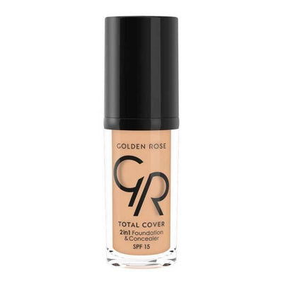 Golden Rose Total Cover 2-in-1 Foundation: Light Beige, Full Coverage, Oil-Free, SPF 15 - Blemish Concealer & Sun Protec